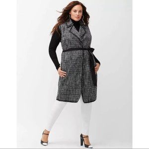 Lane Bryant Vest Coat Duster Tweed Long Sleeveless Sash Belt Black White Silver